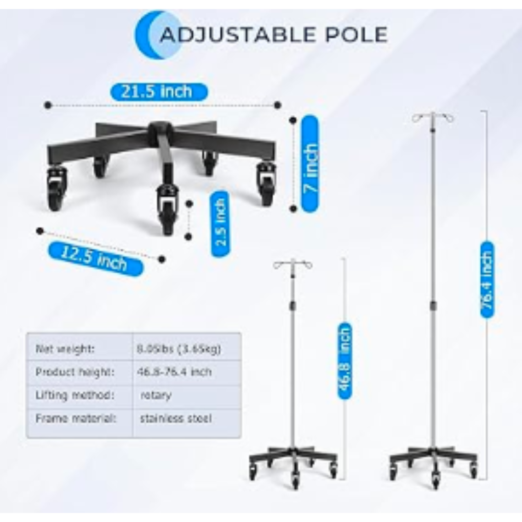 IV Pole - 2 Hooks, 5 Wheels